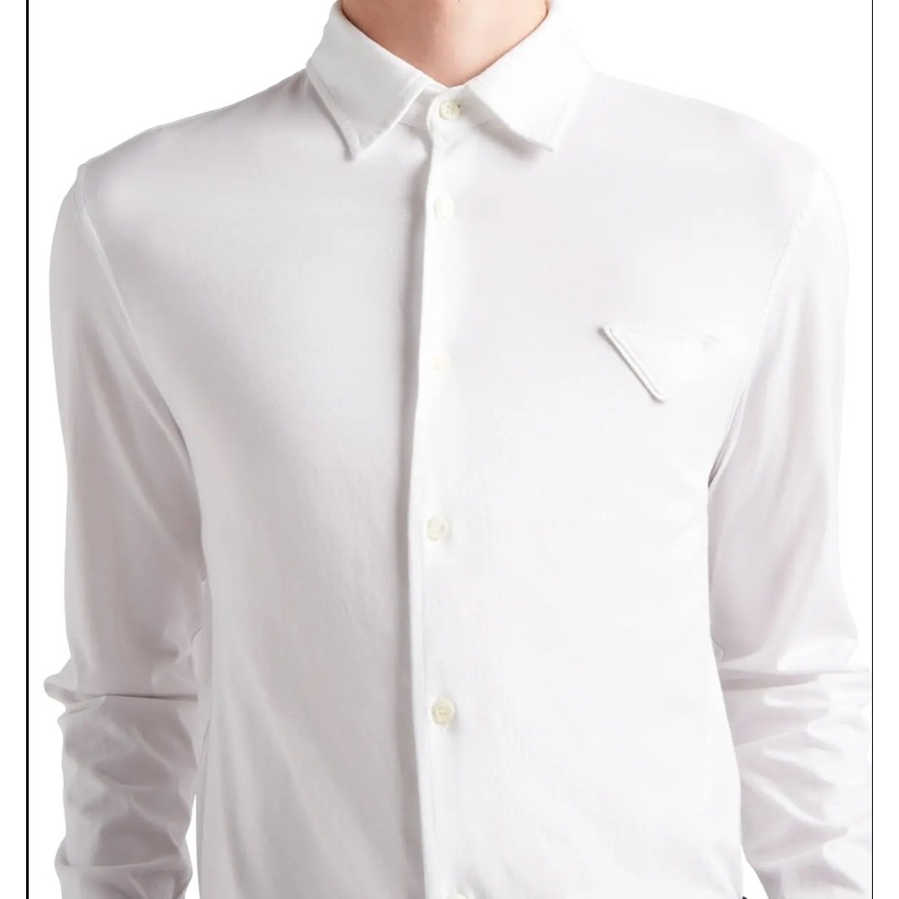 Prada Mens White Jersey Cotton Long Sleeve Button Down Shirt Triangle Logo LARGE